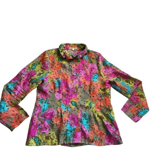 Trisha Tyler Blouse Top Womens Large Petite Floral Button Front Sheet Careerwear - Picture 2 of 6